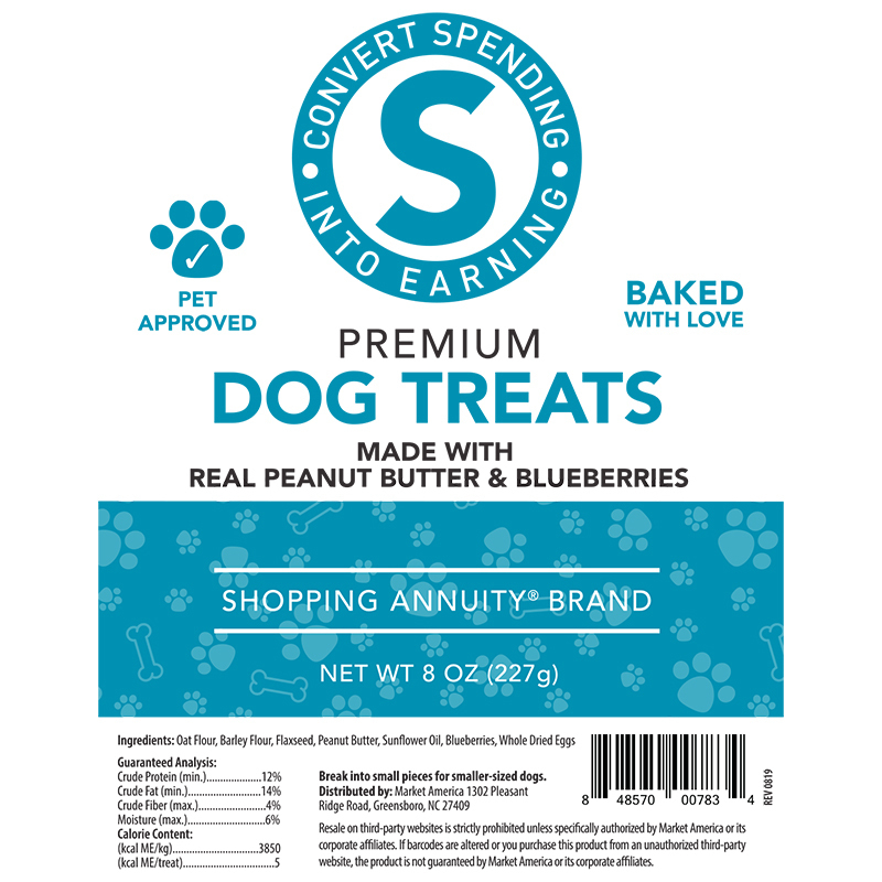 Shopping Annuity Brand Premium Peanut Butter Blueberry Dog Treats Product Label. See Product Label Details section further below.