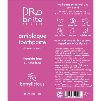 Dr. Brite Kids Anti-Plaque Toothpaste with Vitamin C Product Label. See Product Label Details section further below.