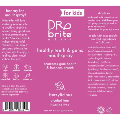 Dr Brite Kids Healthy Teeth & Gums Mouthspray Product Label. See Product Label Details section further below.
