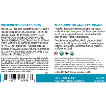 Shopping Annuity Brand Organic Foaming Hand Soap Product Label. See Product Label Details section further below.