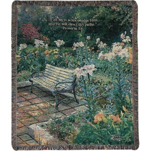 Thomas Kinkade Serene Garden Bench Scene Religious Bible Verse Jacquard Throw Blanket 50 X 60 - All
