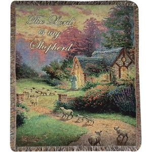 Thomas Kinkade The Lord Is My Shepherd Cottage Pictorial Jacquard Woven Fringed Throw Blanket 50 X 60 - All