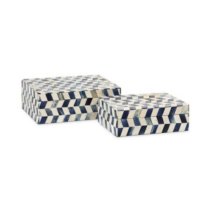 Set of 2 Coastal Blue and White Bone Inlay Decorative Chevron Storage Boxes 8.5 - All