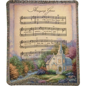 Colorful Lush Country Scene with Amazing Grace Hymn Jacquard Woven Fringed Throw Blanket 60 x 50 - All