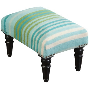 18 Blue Green and Ivory Striped Upholstered Wool and Wooden Foot Stool Ottoman - All