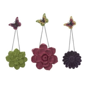 Set of 3 Colorful Metal Garden Wall Flowers with Chain and Butterfly Accent 33.5 - All