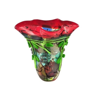 13.7 Scarlet Red and Green Flower Blossom Henton Decorative Hand Blown Art Glass Vase - All