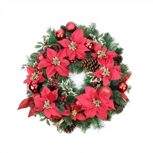 24 Pre-Decorated Red Poinsettia Pine Cone and Ball Artificial Christmas Wreath Unlit - All