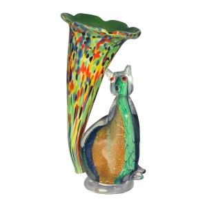 10.25 Caribbean Green Red and Blue Cat Lily Hand Crafted Glass Favrile Accent Lamp - All