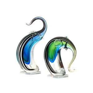Set of 2 Blue and Green Elephant Decorative Hand Blown Glass Figurines 7.25 - All