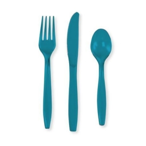 Club Pack of 288 Turquoise Premium Heavy-Duty Plastic Party Knives Forks and Spoons - All