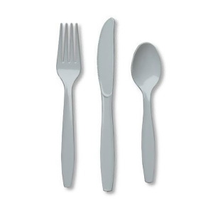 Club Pack of 288 Shimmering Silver Premium Heavy-Duty Plastic Party Knives Forks and Spoons - All