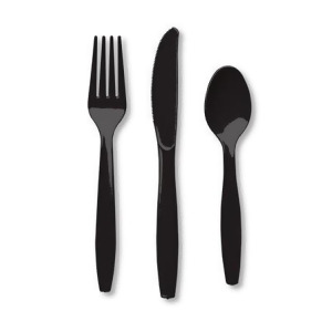Club Pack of 288 Jet Black Premium Heavy-Duty Plastic Party Knives Forks and Spoons - All
