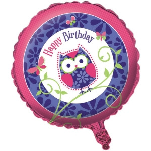 Pack of 10 Owl Pal Pink and Purple Metallic Happy Birthday Foil Party Balloons - All