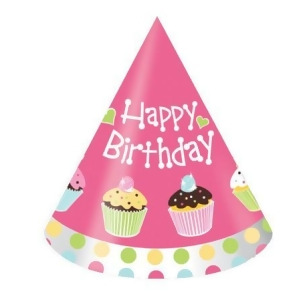 Club Pack of 96 Sweet Treats Happy Birthday Pink Cupcake Themed Paper Birthday Party Hats - All