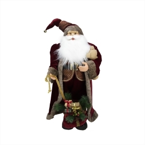 32 Noble Standing Santa Claus in Burgundy Robe Christmas Figure with Teddy Bear and Gift Bag - All