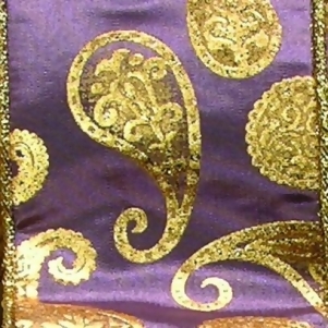 Purple Satin with Gold Paisley Print Wired Craft Ribbon 3 x 20 Yards - All