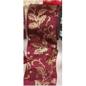 Burgundy with Gold Poinsettia and Berry Print Wired Craft Ribbon 4 x 20 Yards - All