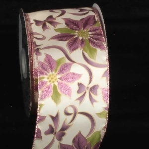 Ivory with Purple Poinsettia Print Wired Craft Ribbon 3 x 20 Yards - All