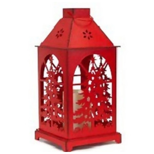 13.5 Distressed Red Christmas Tree Design Candle Lantern with Flameless Led Candle - All