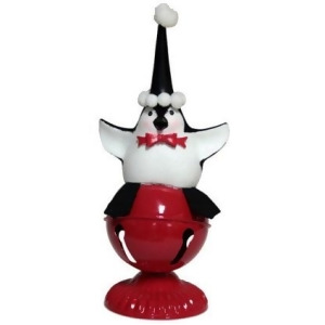 11.25 Playful Glittered Black and White Penquin Sitting on Large Red Jingle Bell Christmas Table Top Decoration - All
