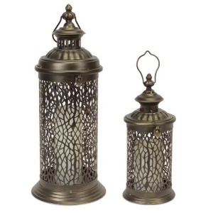 Set of 2 Brushed Antique Brass Pillar Candle Holder Lanterns with Filigree Detail 22 - All