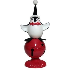 11 Playful Glittered Black and White Penquin Standing on Large Red Jingle Bell Christmas Table Top Decoration - All