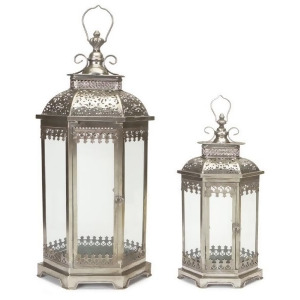Set of 2 Antique Style Silver Decorative Glass Pillar Candle Lanterns 34 - All