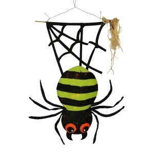 31 Led Lighted Lime Green and Black Striped Creepy Tinsel Hanging Spider Halloween Decoration - All