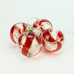 Set of 4 Battery Operated Red and Gold Swirl Glass Ball Led Lighted Christmas Ornaments - All