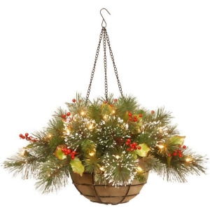 20 Pre-Lit Battery-Operated Artificial Pine with Berries Christmas Hanging Basket Warm Clear Led Lights - All