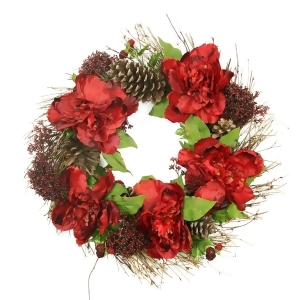 24 Red Peony and Sedum Floral Artificial Christmas Wreath with Pine Cones Unlit - All