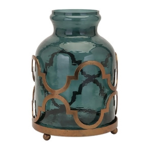15.25 Modern Elegant Deep Blue Glass Vase with Bronze Quatrefoil Iron Holder - All