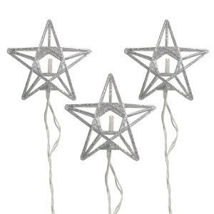 Set of 10 Battery Operated Sparkling Silver Glittered Star Christmas Lights on Silver Wire Clear - All