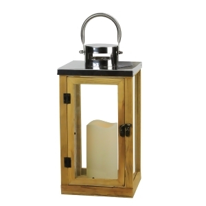 13.75 Country Rustic Wood and Glass Lantern with Led Flameless Pillar Candle with Timer - All