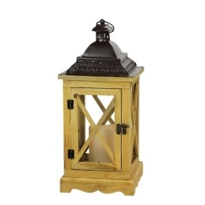 17.5 Rustic Wooden Lantern with Brown Metal Top and Led Flameless Pillar Candle with Timer - All