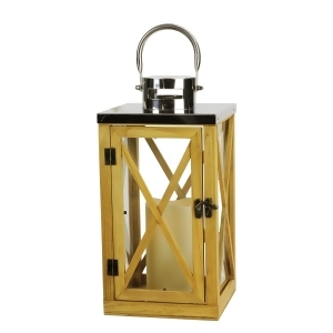 13.5 Rustic Wood and Stainless Steel Lantern with Led Flameless Pillar Candle with Timer - All