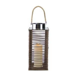 15.5 Contemporary Wooden Corded Lantern with Led Flameless Pillar Candle with Timer - All