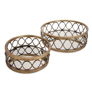 Set of 2 Priestly Elegant Gold Oval Ringed Mirrored Top Decorative Trays - All