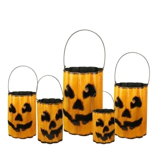 Set of 5 Distressed Metal Nesting Jack 'O Lantern Containers - All