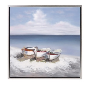 31.5 Seaside Escape Shades of Blue and Red Rowboats Oil On Canvas Framed Wall Art Decor - All