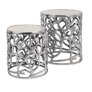 Set of 2 Metallic Silver Coral Inspired Round Cutwork Accent Side Tables 19.5 - All