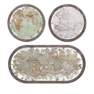 Set of 3 Antique Style Mirrored World Map Wood Framed Oval and Round Shaped Wall Art Decor 31.25 - All