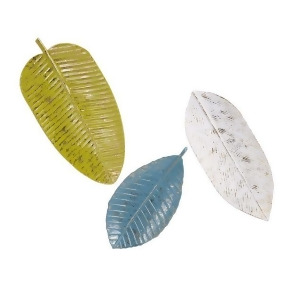 Set of 3 Shaded Paradise Palm Beach Green Blue and White Painted Leaves Wall Art Decor 20 - All