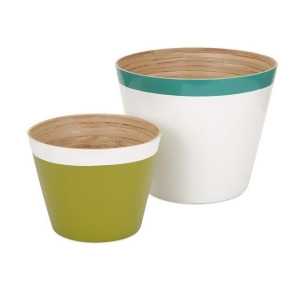 Set of 2 Color Block Teal Blue Green and White Bamboo Cachepot Flower Planters 12 - All