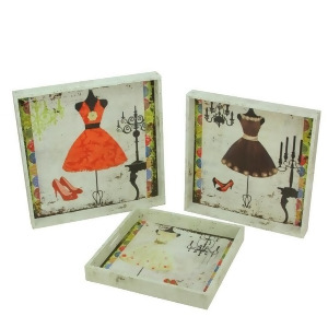 Set of 3 Decorative Vintage-Style Fashion and Dresses Square Wooden Serving Trays - All