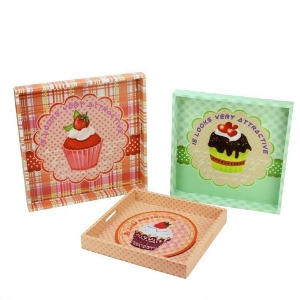 Set of 3 Decorative Multicolored Cupcake Theme Square Wooden Serving Trays - All