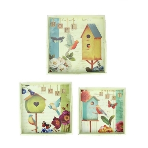 Set of 3 Decorative Birdhouse Garden Theme Square Wooden Serving Trays - All