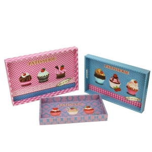 Set of 3 Decorative Pink and Blue Patisserie and Cupcakes Wooden Rectangular Serving Trays - All
