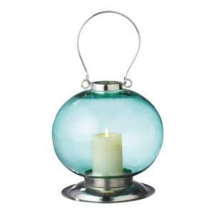 10.5 Fancy Fair Round Silver and Teal Blue Retro Glass Pillar Candle Holder Lantern - All